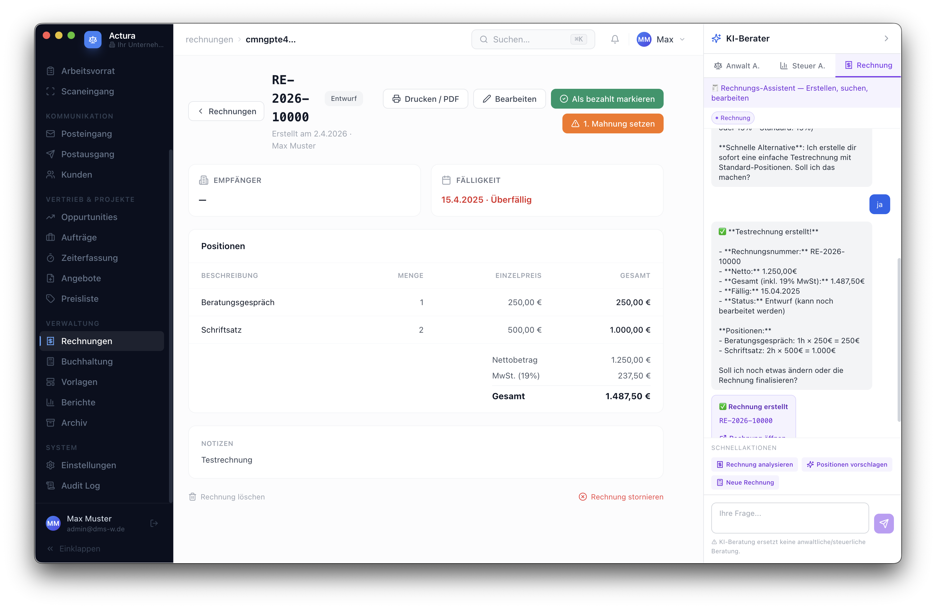 Druckfertige Rechnungsausgabe